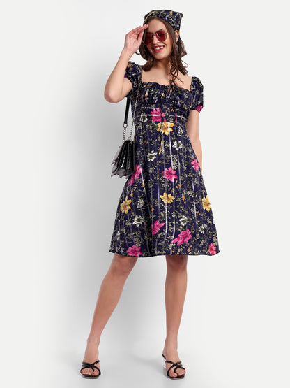 Essque Blue Lurex Floral Print A-Line Dress