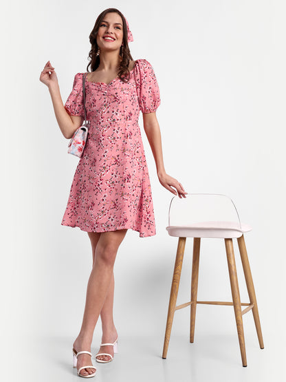 Essque Pink Floral Print Sweetheart Neck Empire Dress