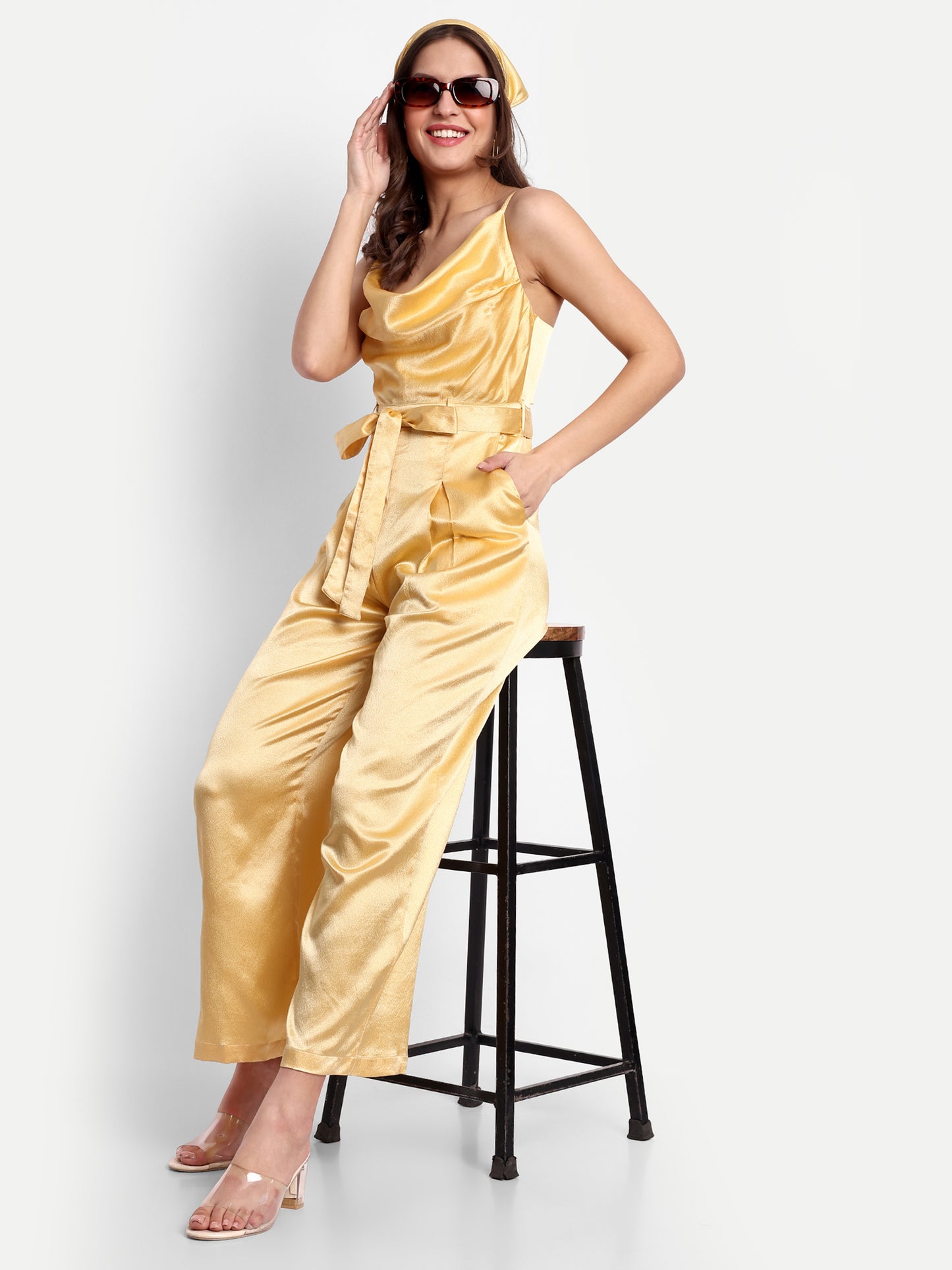 Essque Yellow Solid Satin Cowl Neck Jumpsuit