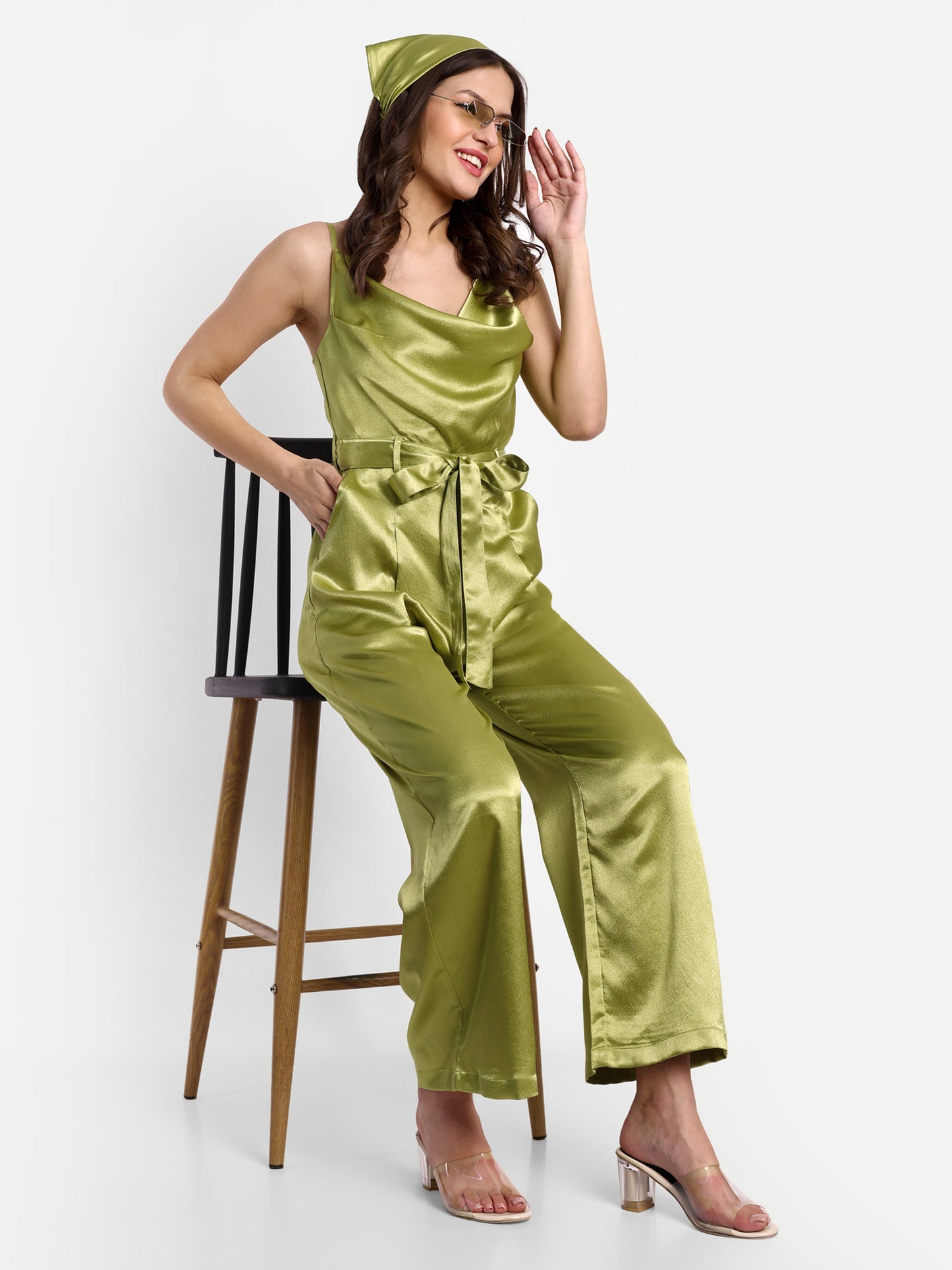 Essque Olive Green Solid Satin Cowl Neck Jumpsuit