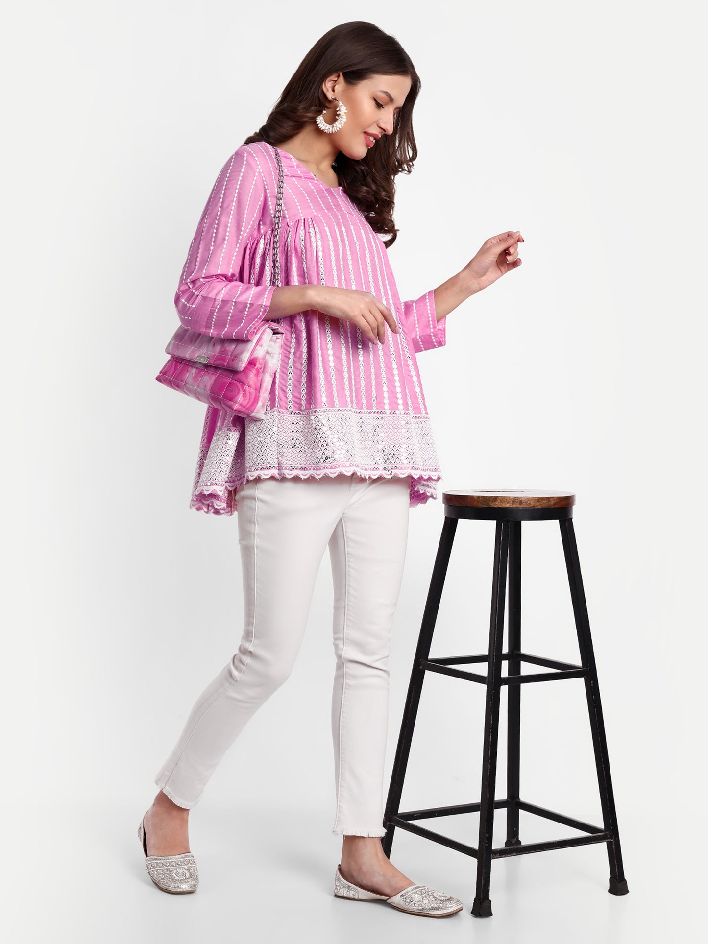 Essque Pink Embroidered Mirror work A-Line Top