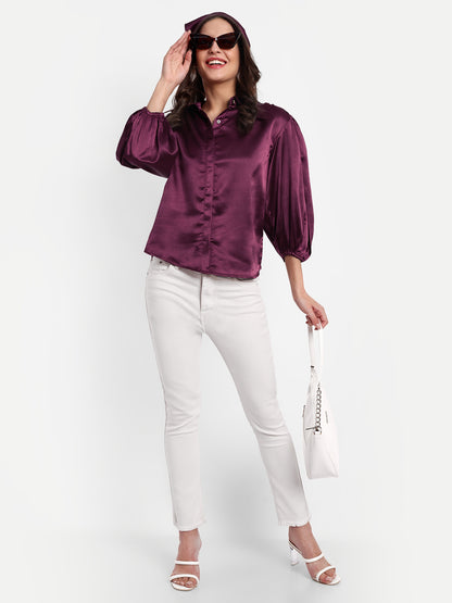 Essque Wine Solid Satin Bishop Sleeves Shirt