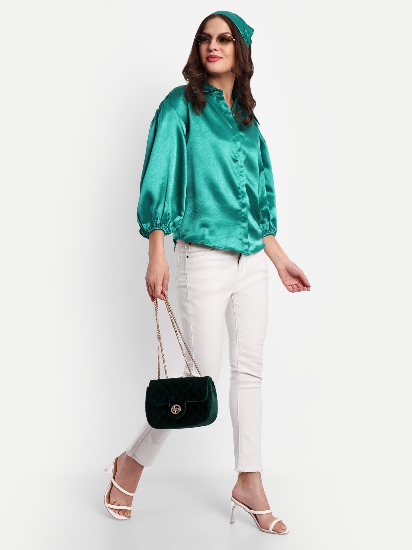 Essque Green Solid Satin Bishop Sleeves Shirt