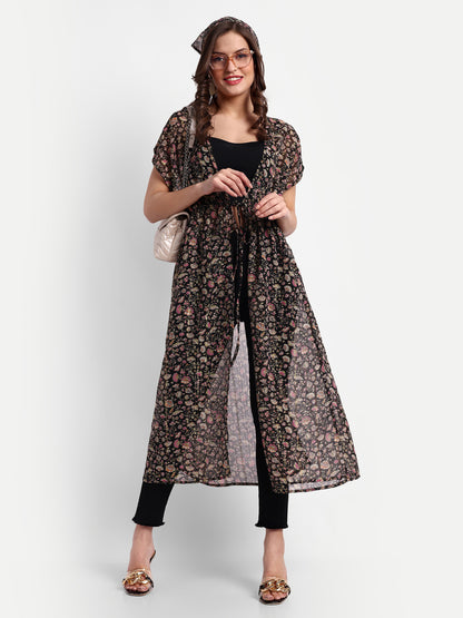 Essque black multi print lurex longline shrug