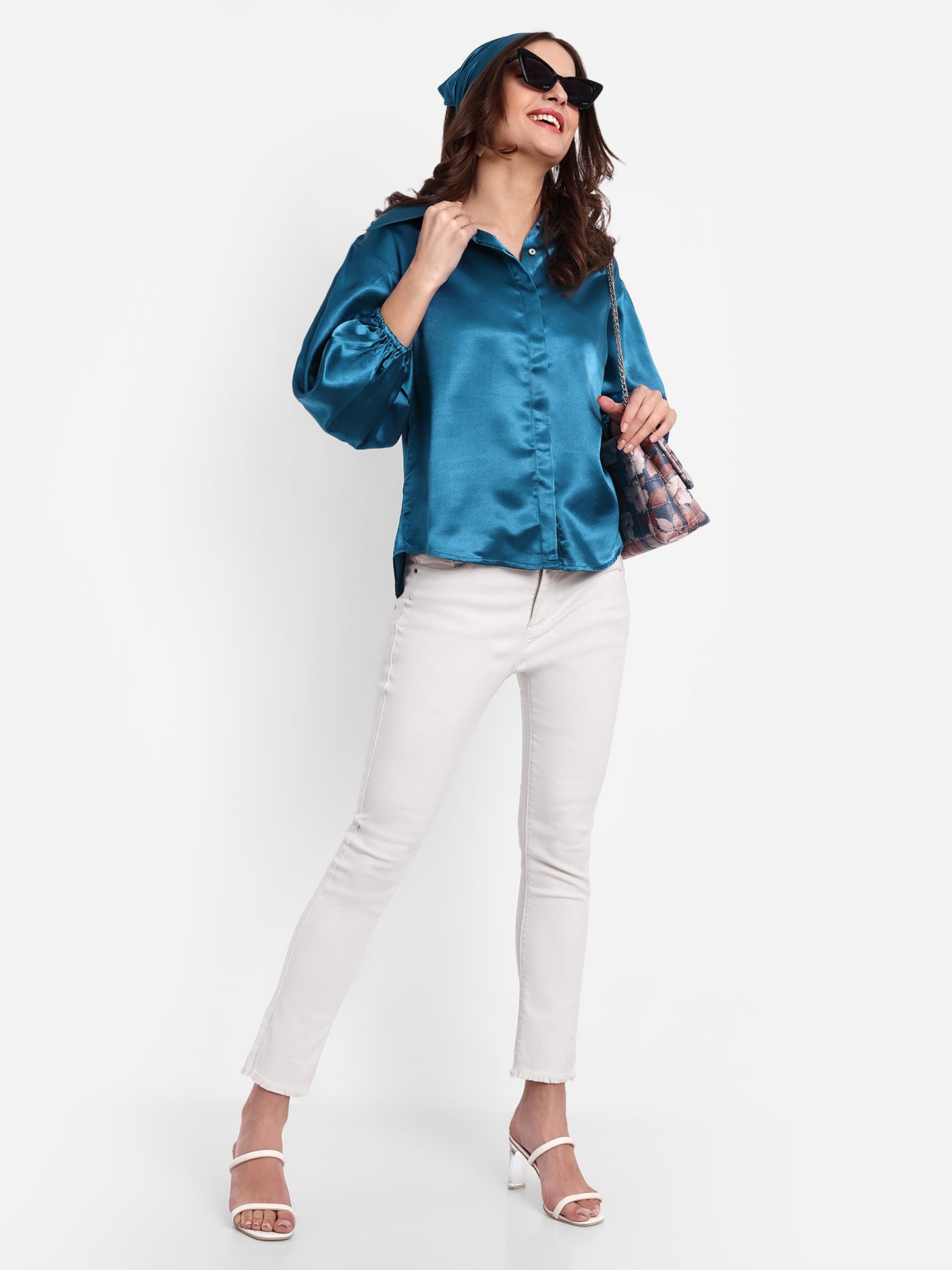 Essque Blue Solid Satin Bishop Sleeves Shirt