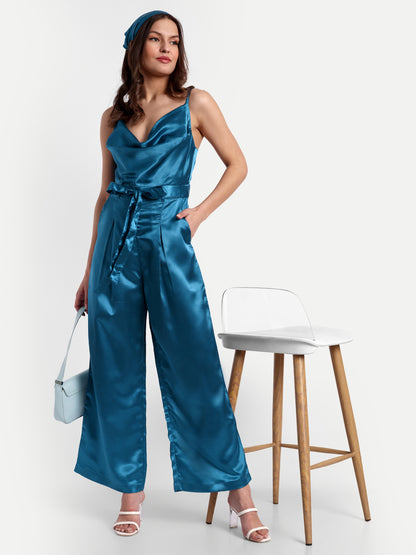 Essque Blue Solid Satin Cowl Neck Jumpsuit