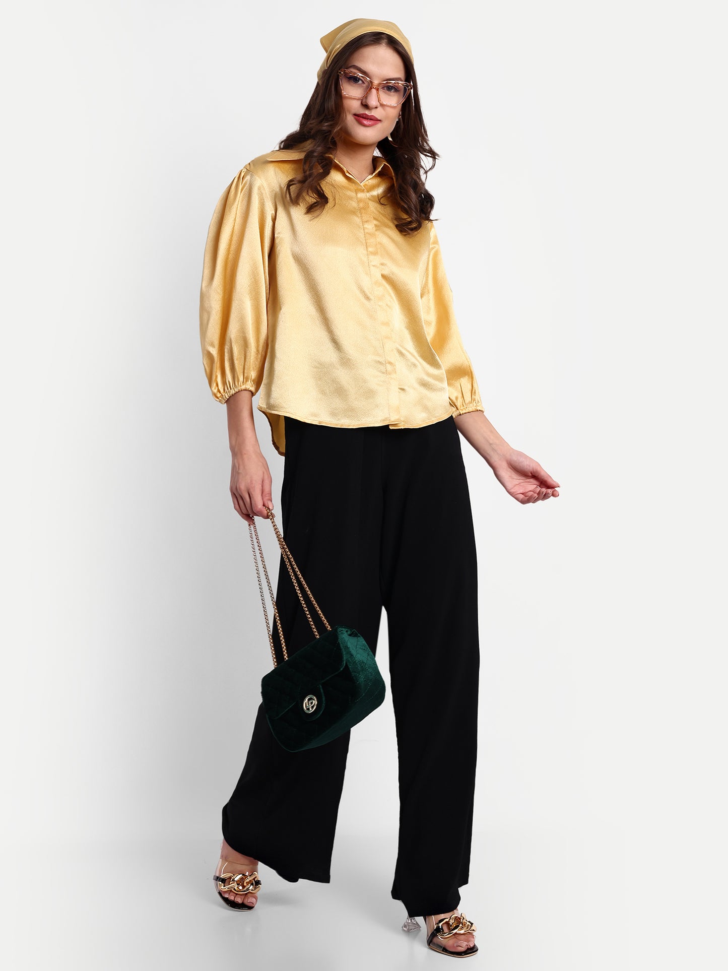 Essque Yellow Solid Satin Bishop Sleeves Shirt