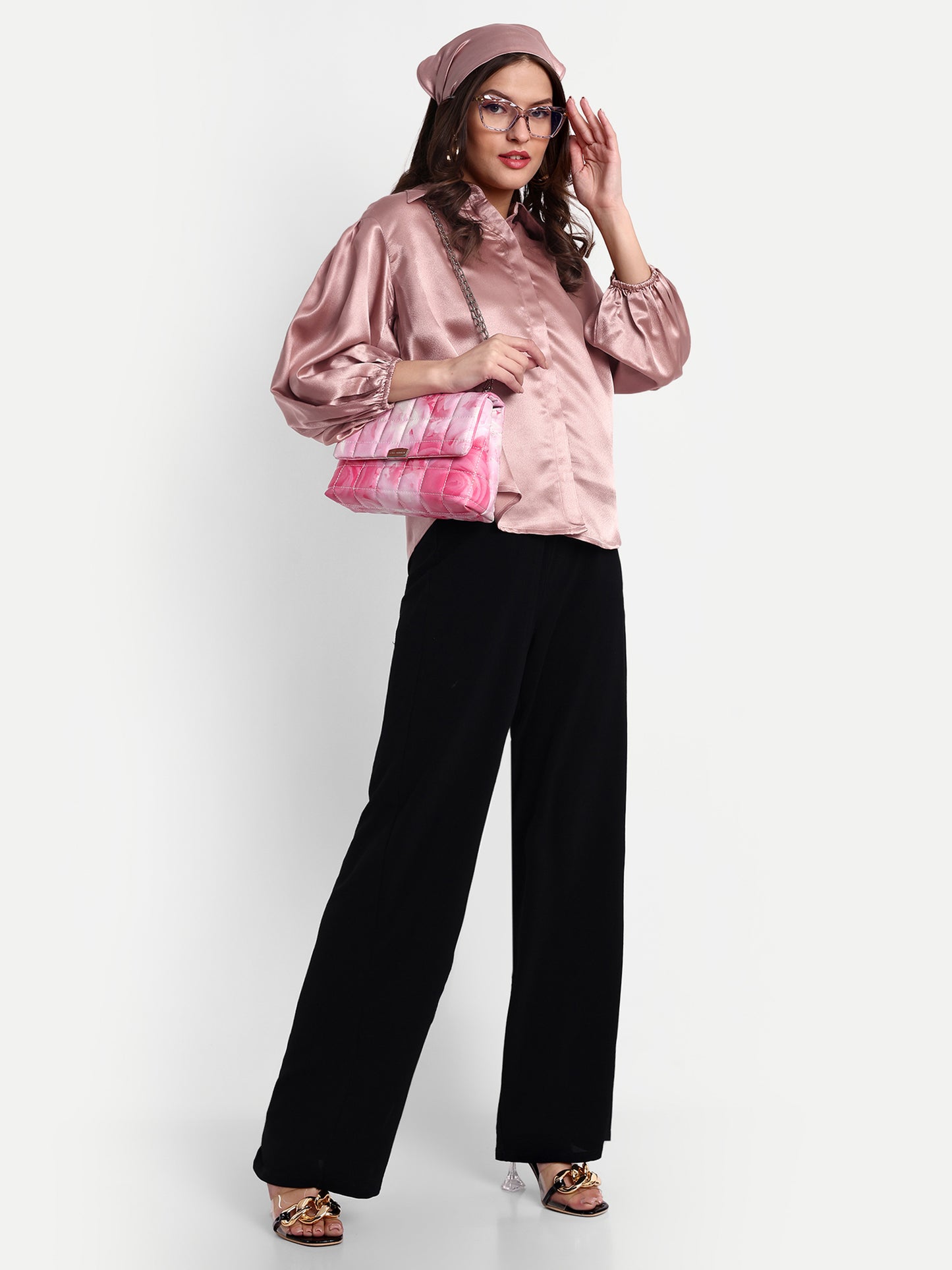 Essque Pink Solid Satin Bishop Sleeves Shirt