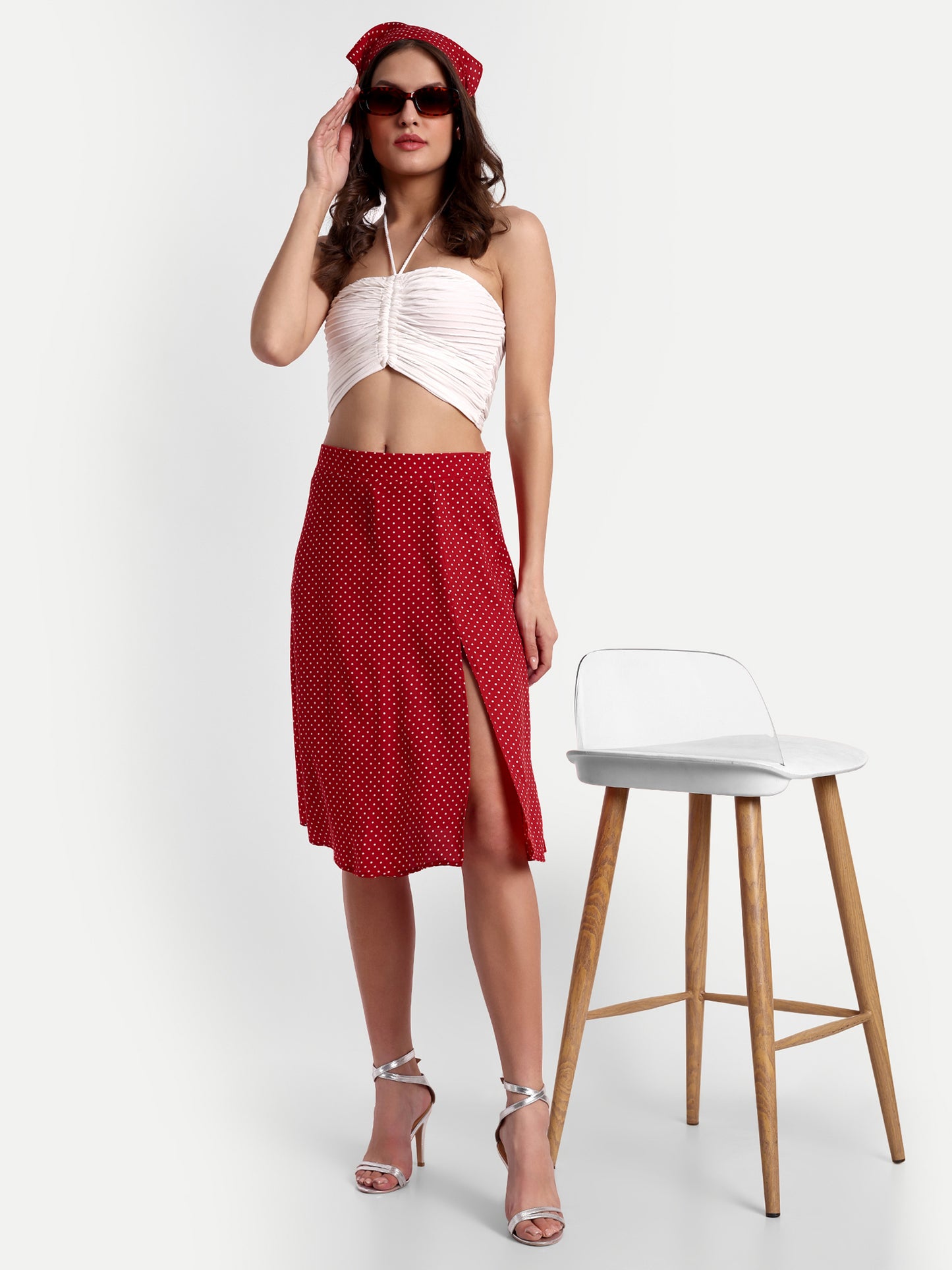 Essque Red Polka Dot Front Slit Skirt