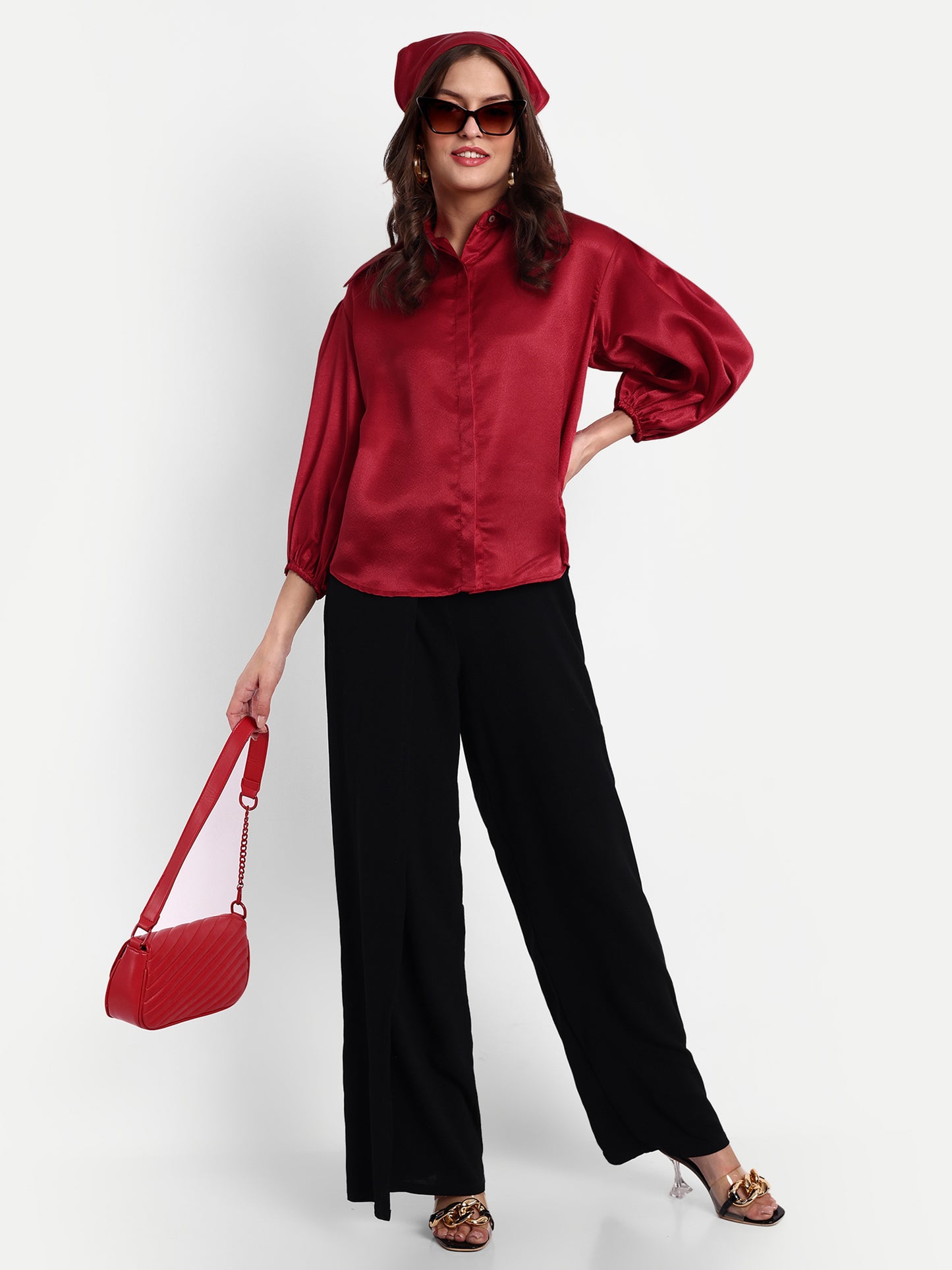 Essque Red Solid Satin Bishop Sleeves Shirt