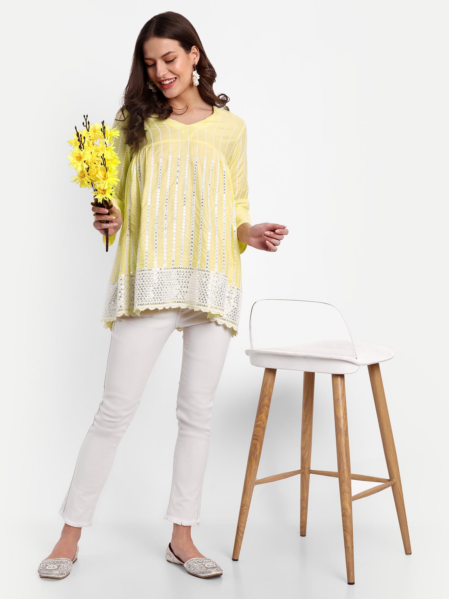 Essque Yellow Embroidered Mirror work A-Line Top