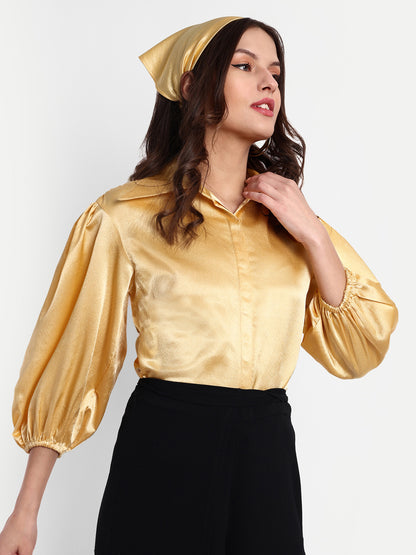 Essque Yellow Solid Satin Bishop Sleeves Shirt