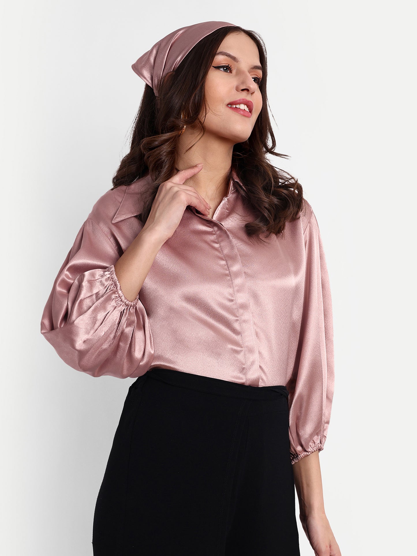 Essque Pink Solid Satin Bishop Sleeves Shirt