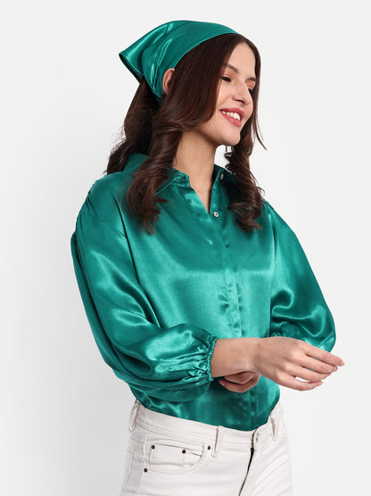 Essque Green Solid Satin Bishop Sleeves Shirt