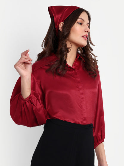 Essque Red Solid Satin Bishop Sleeves Shirt