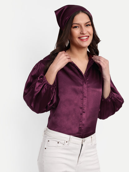 Essque Wine Solid Satin Bishop Sleeves Shirt