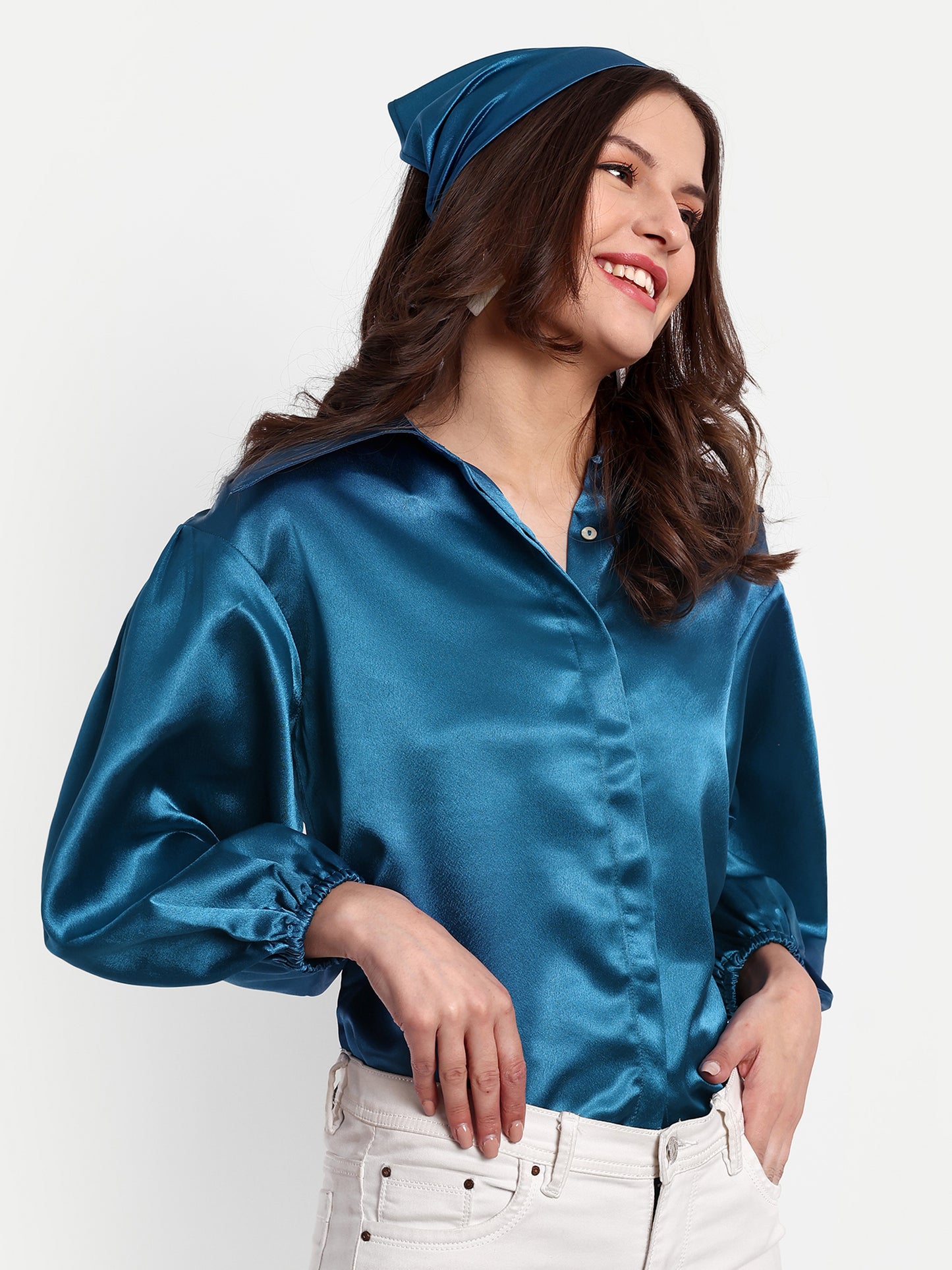 Essque Blue Solid Satin Bishop Sleeves Shirt