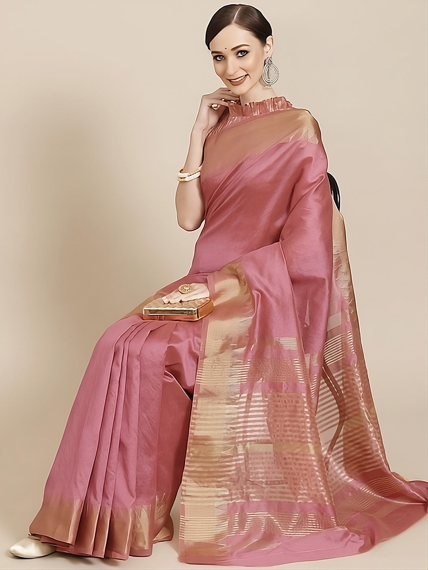 Pink & Golden Silk Chanderi Ready to wear Saree (With Blouse piece)