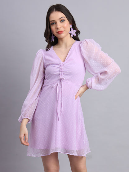 Essque Lavender Swiss Dot V-Neck bishop sleeves Dress