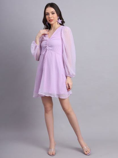 Essque Lavender Swiss Dot V-Neck bishop sleeves Dress