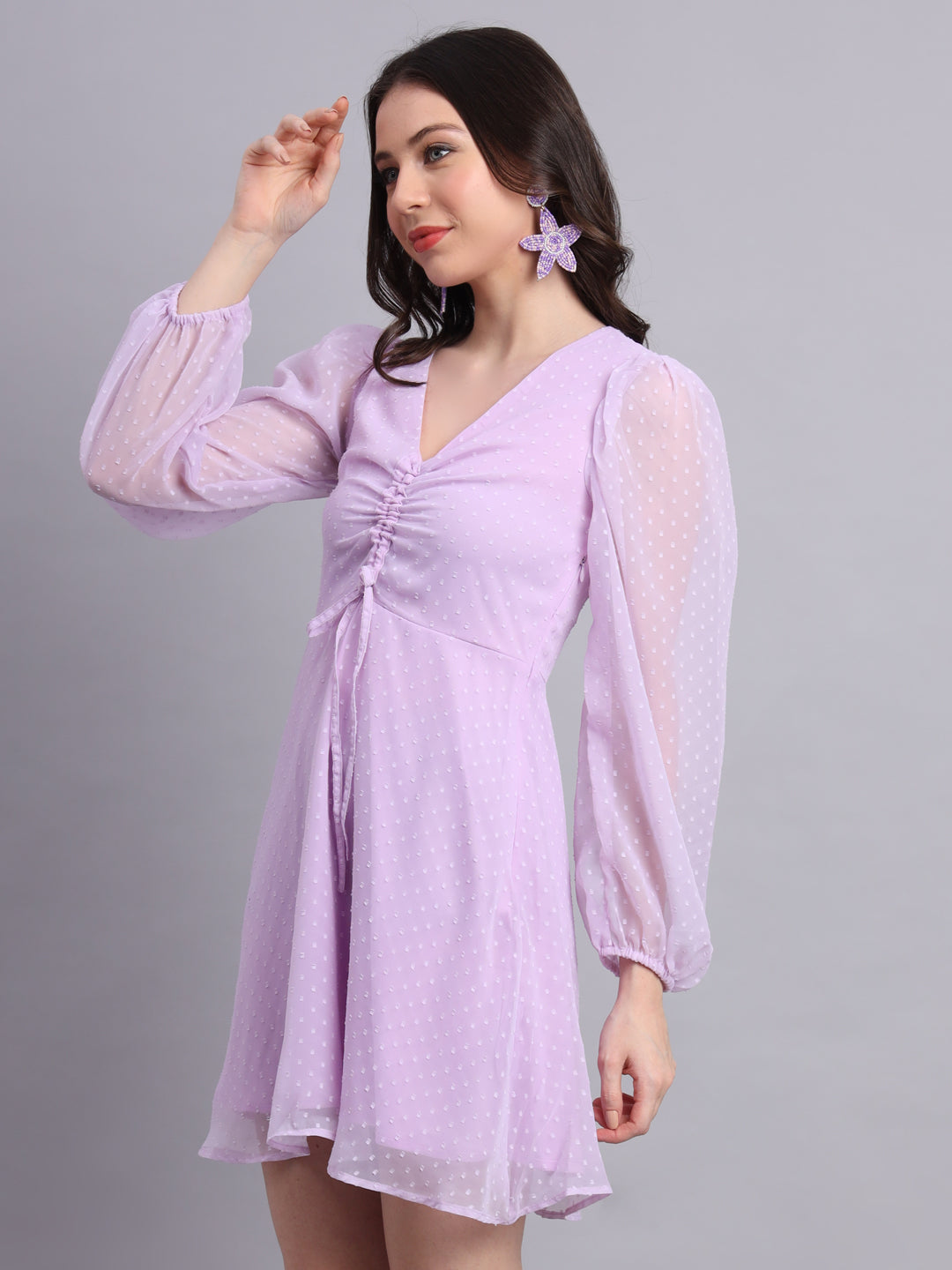 Essque Lavender Swiss Dot V-Neck bishop sleeves Dress