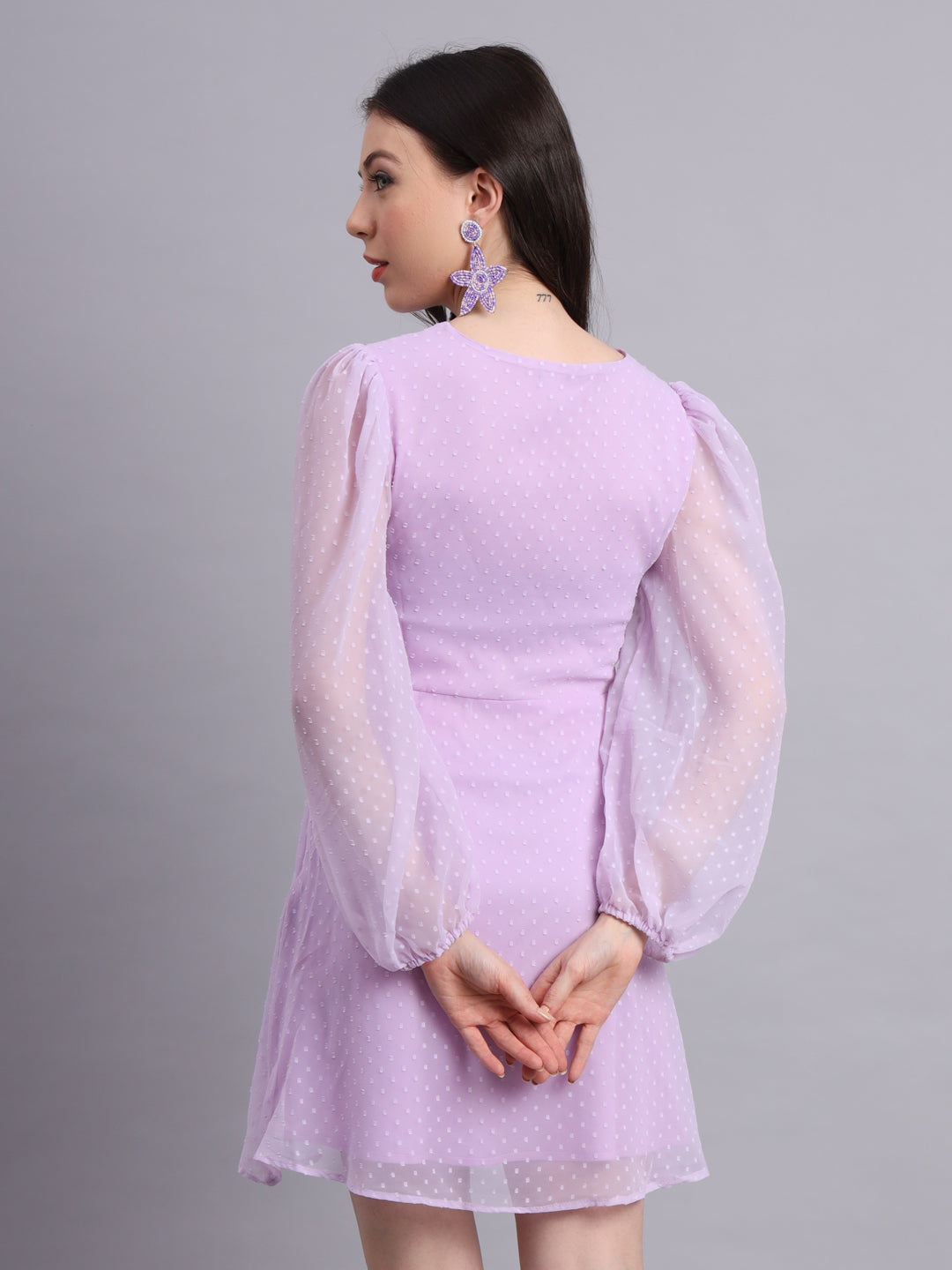 Essque Lavender Swiss Dot V-Neck bishop sleeves Dress