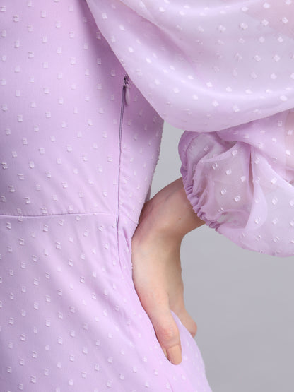 Essque Lavender Swiss Dot V-Neck bishop sleeves Dress