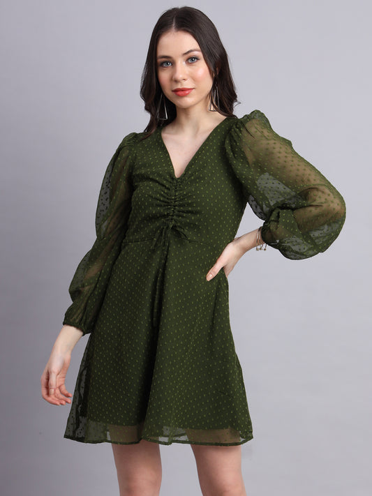 Essque Olive Green Swiss Dot V-Neck bishop sleeves Dress