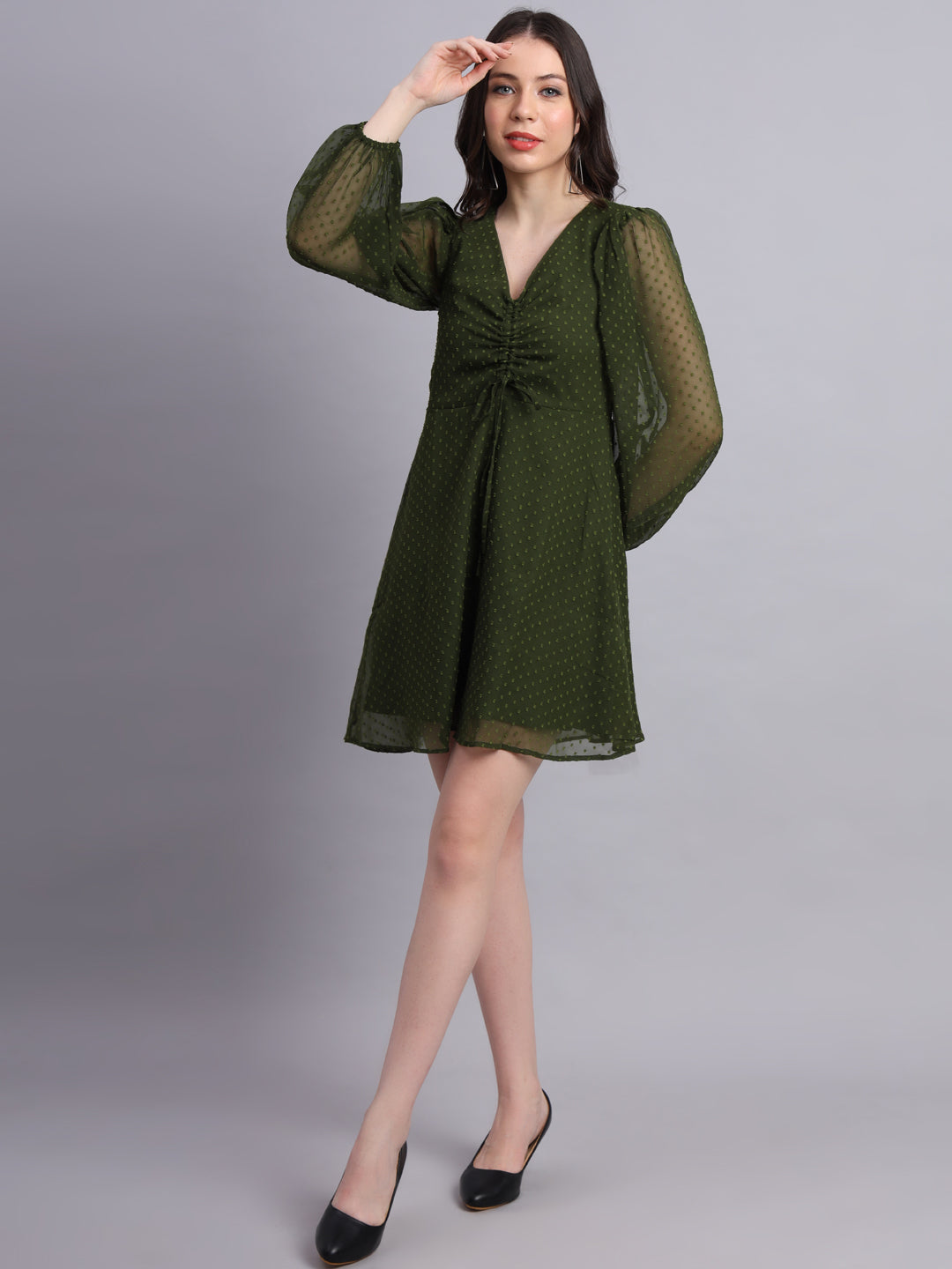 Essque Olive Green Swiss Dot V-Neck bishop sleeves Dress