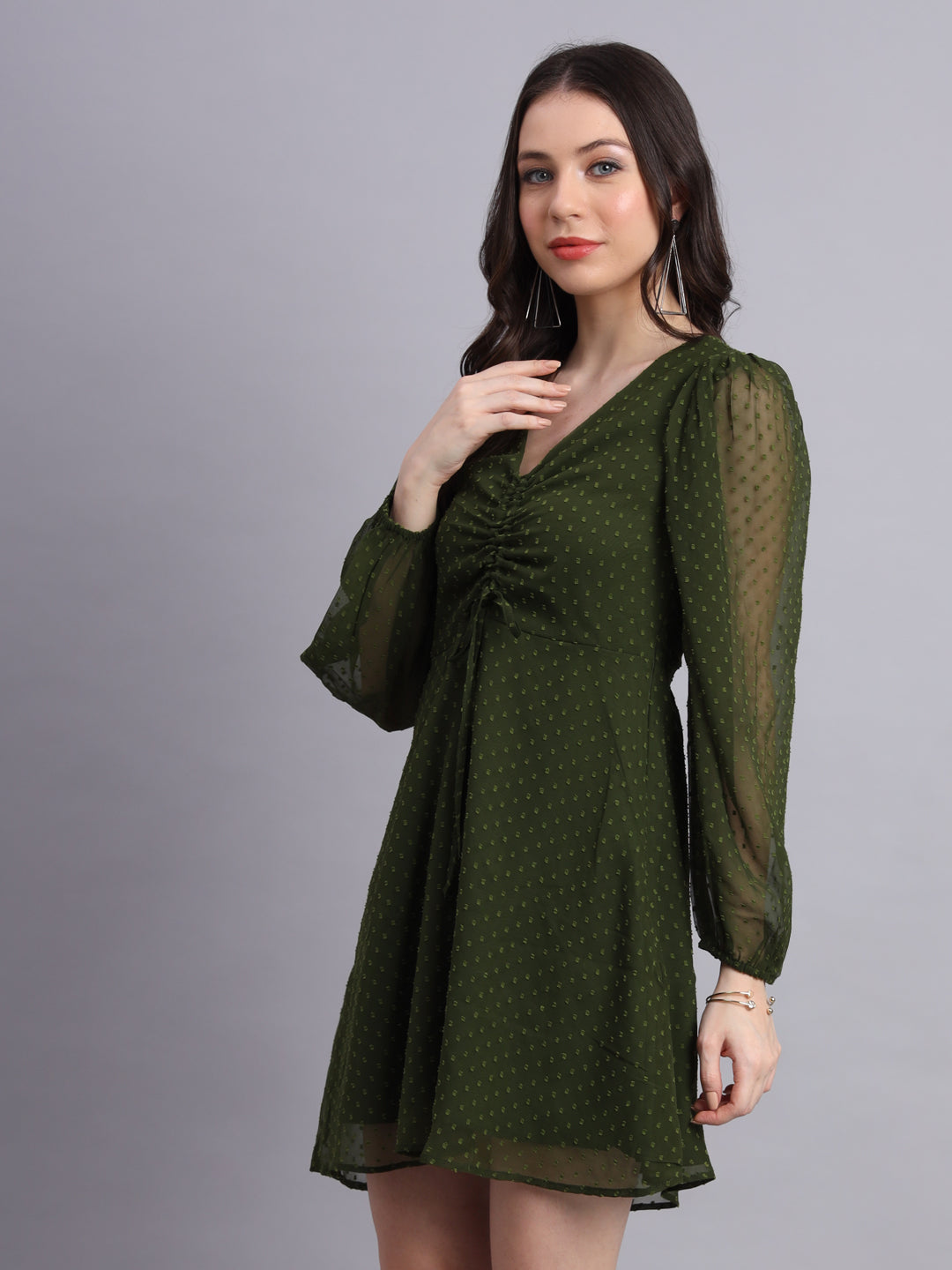 Essque Olive Green Swiss Dot V-Neck bishop sleeves Dress