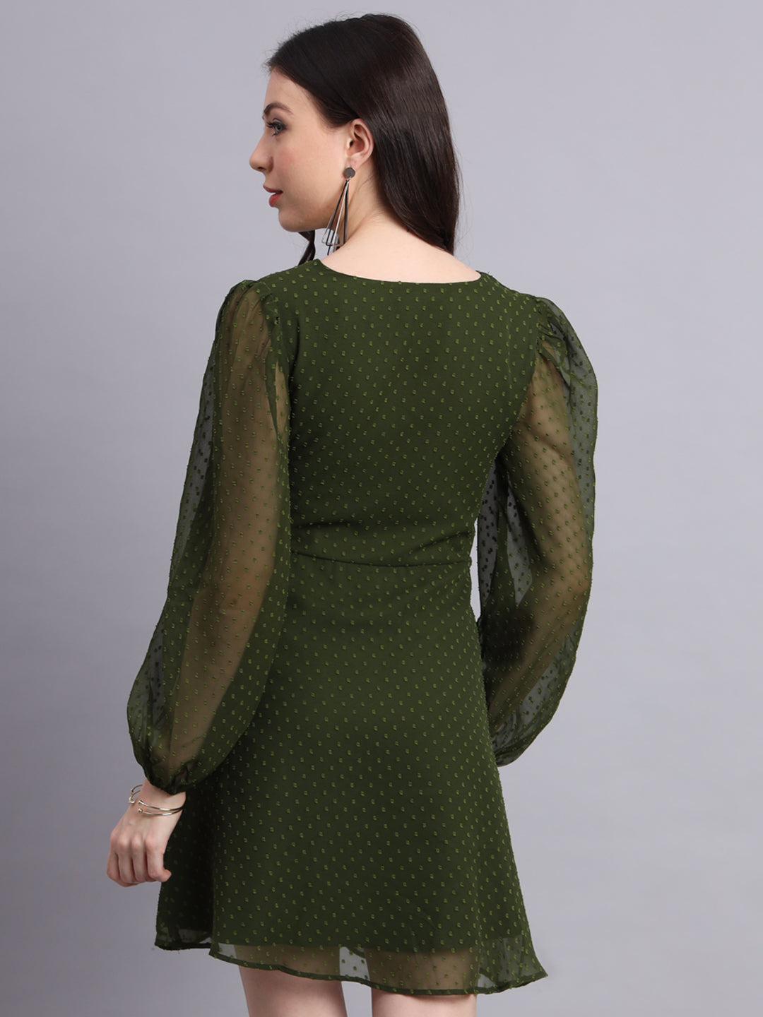 Essque Olive Green Swiss Dot V-Neck bishop sleeves Dress