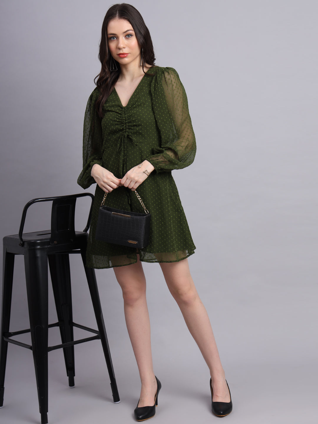 Essque Olive Green Swiss Dot V-Neck bishop sleeves Dress