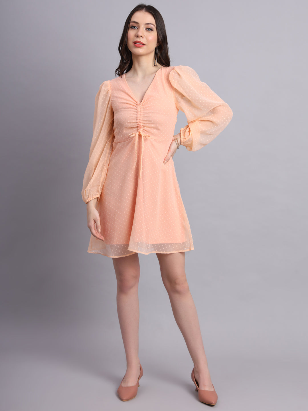 Essque Peach Swiss Dot V-Neck bishop sleeves Dress