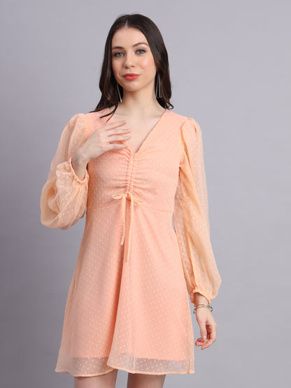 Essque Peach Swiss Dot V-Neck bishop sleeves Dress