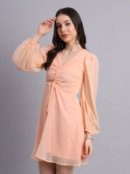 Essque Peach Swiss Dot V-Neck bishop sleeves Dress