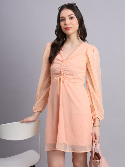 Essque Peach Swiss Dot V-Neck bishop sleeves Dress