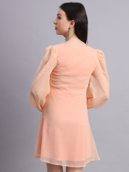 Essque Peach Swiss Dot V-Neck bishop sleeves Dress