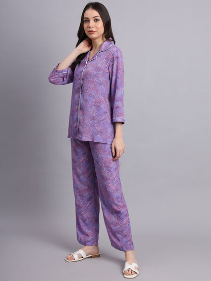 Essque Lavender Printed Shirt Pyjama Night Suit