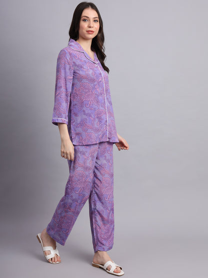 Essque Lavender Printed Shirt Pyjama Night Suit