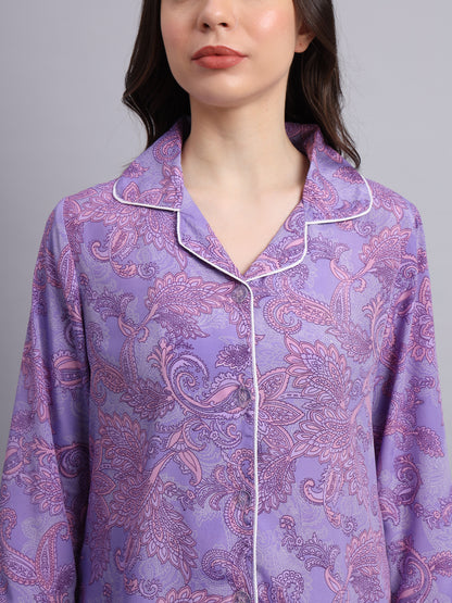 Essque Lavender Printed Shirt Pyjama Night Suit