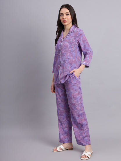 Essque Lavender Printed Shirt Pyjama Night Suit