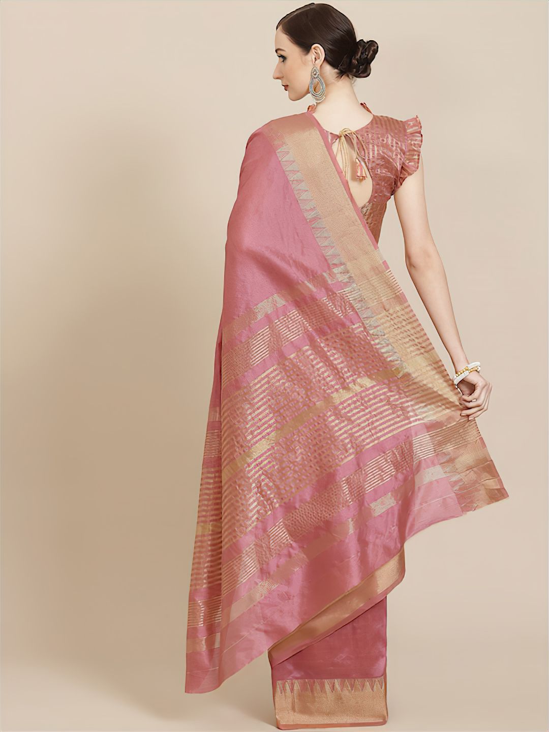 Pink & Golden Silk Chanderi Ready to wear Saree (With Blouse piece)