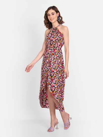 Essque Multi Floral Print Halter Neck Tie-Up Dress - Essque Attire With Attitude