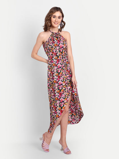 Essque Multi Floral Print Halter Neck Tie-Up Dress - Essque Attire With Attitude