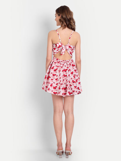 Essque Pink Butterfly Print Back Knotting Fit and Flare Mini Dress - Essque Attire With Attitude