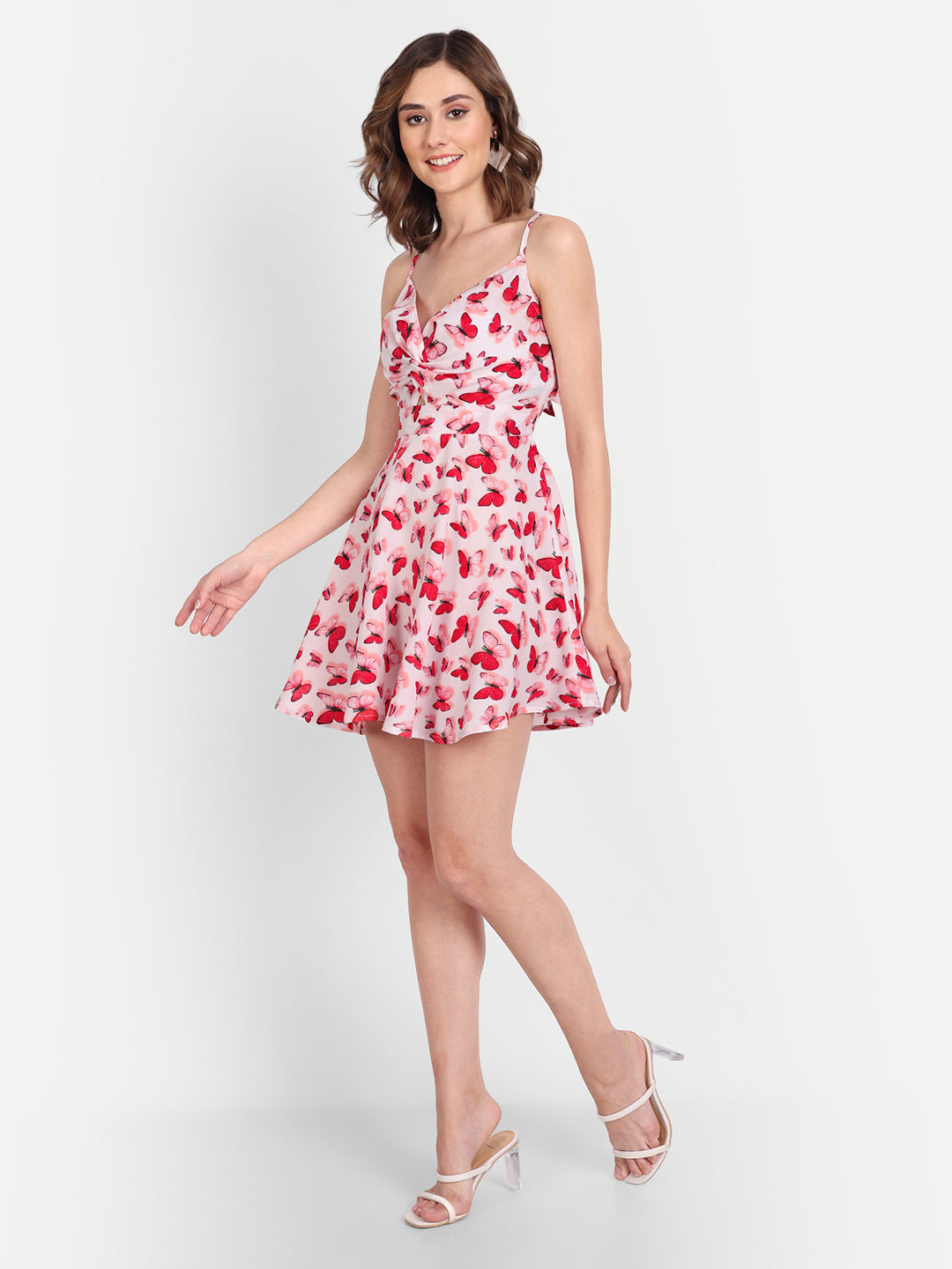 Essque Pink Butterfly Print Back Knotting Fit and Flare Mini Dress - Essque Attire With Attitude