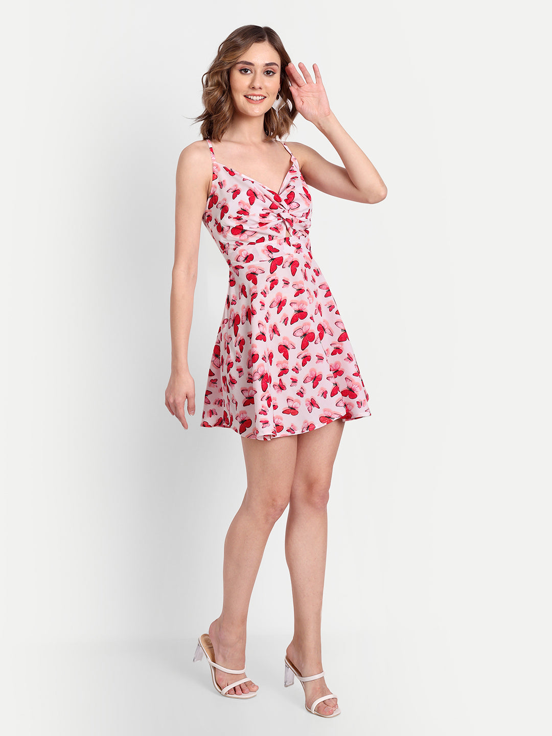 Essque Pink Butterfly Print Back Knotting Fit and Flare Mini Dress - Essque Attire With Attitude