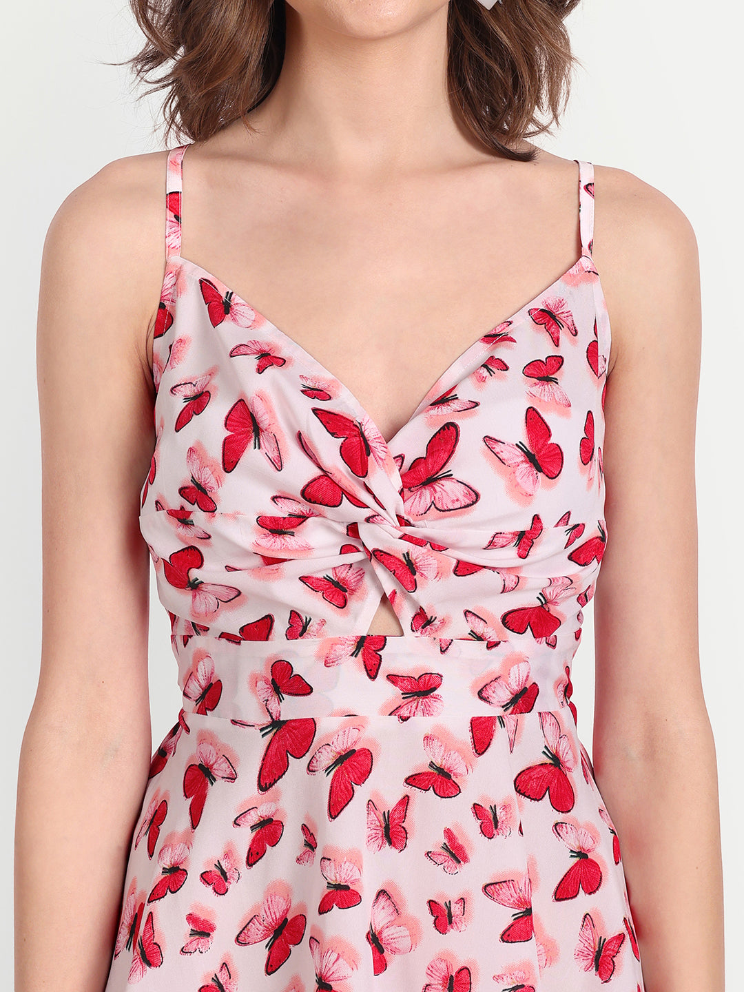 Essque Pink Butterfly Print Back Knotting Fit and Flare Mini Dress - Essque Attire With Attitude