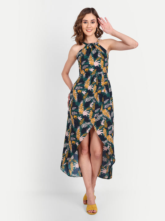 Essque Green Tropical Print Halter Neck Tie-Up Dress - Essque Attire With Attitude