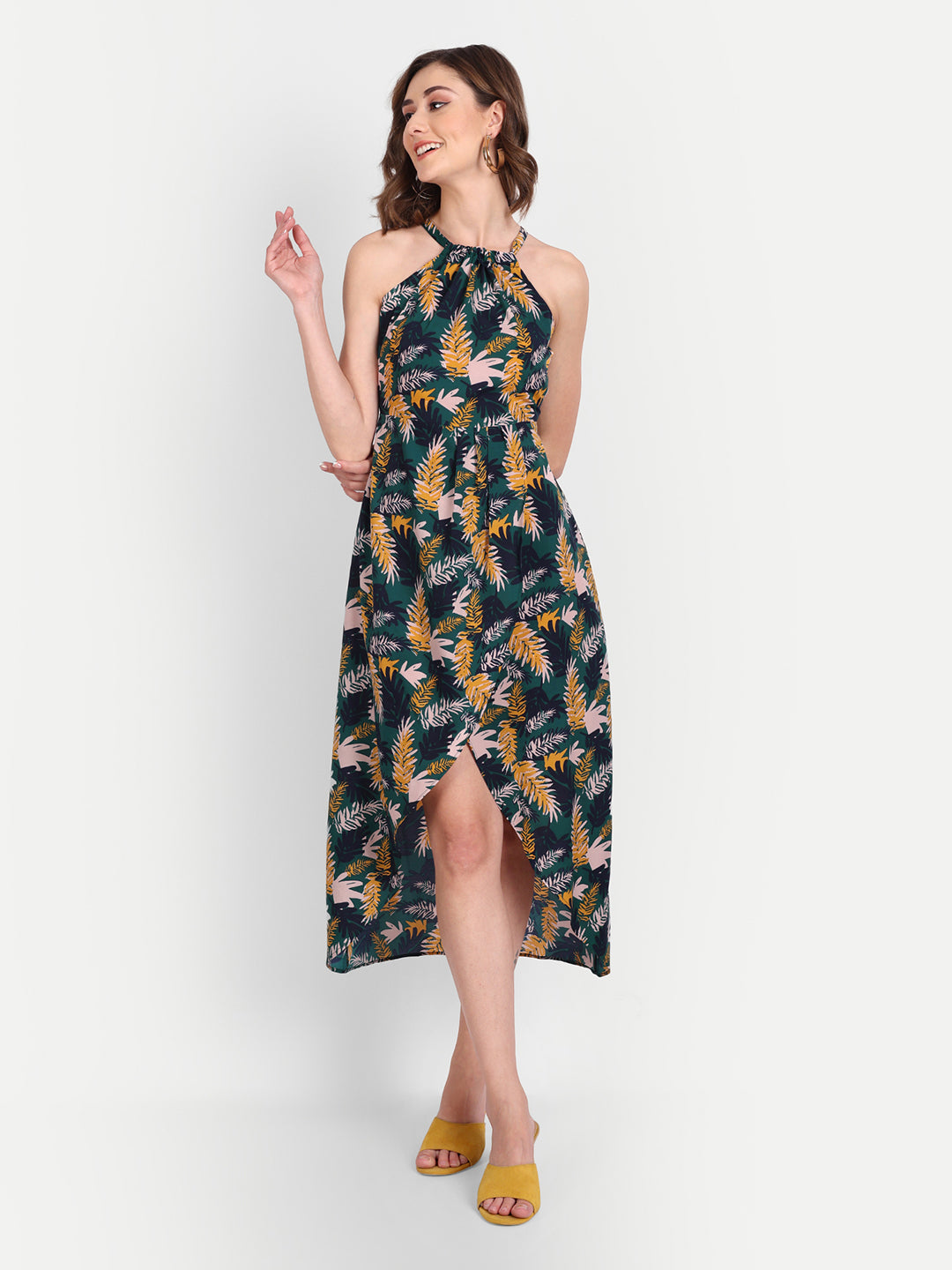 Essque Green Tropical Print Halter Neck Tie-Up Dress - Essque Attire With Attitude